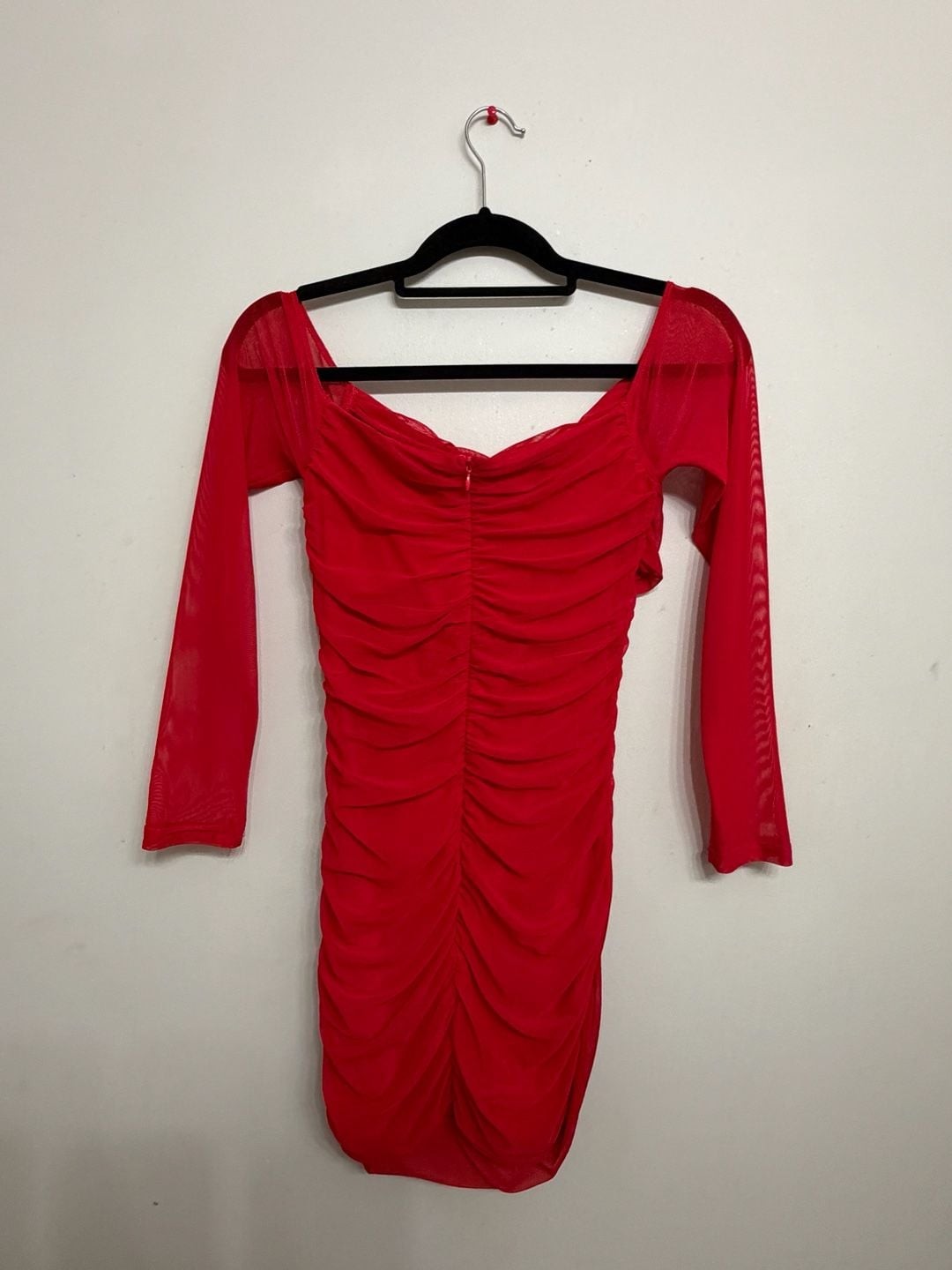 White Fox Boutique Off-Shoulder Long Sleeve Ruched Mesh Mini Dress Red