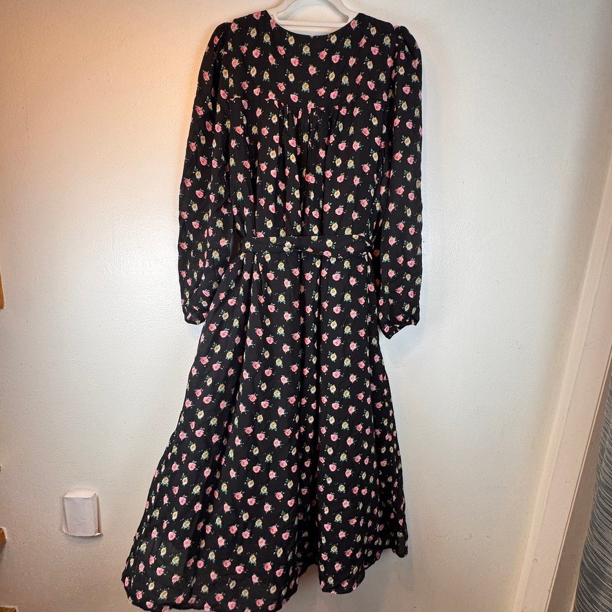 Boden Black Floral Rose V-Neck Midi Dress Long Sleeve Tie Waist D0389 Womens 6R