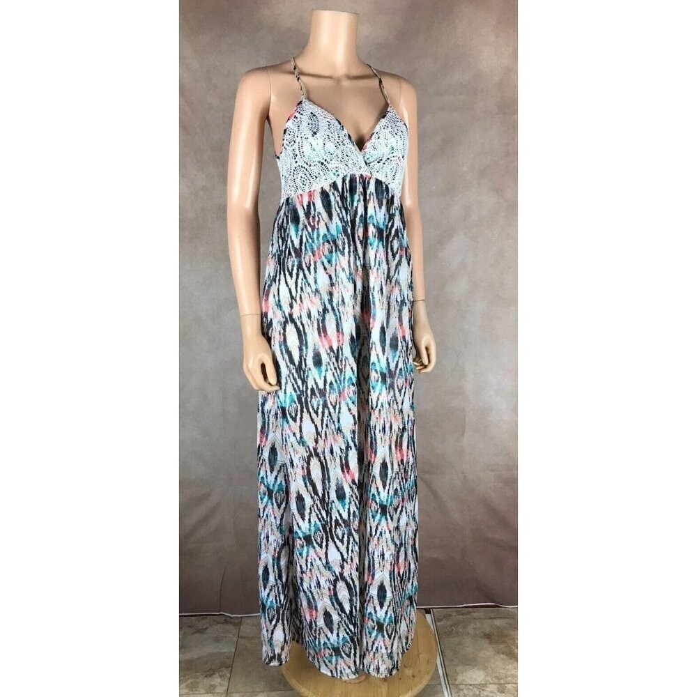 Belle Du Jour Juniors’ Multi-Color Printed Crochet-Trim Maxi Dress NWT Medium