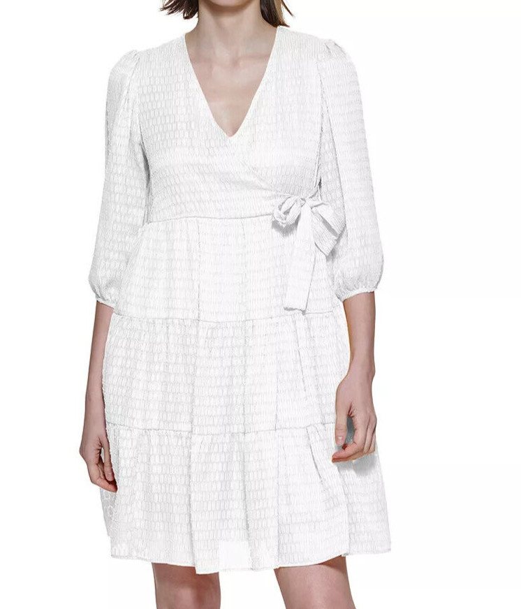 Calvin Klein Dress 12 Cream Ivory Chiffon Faux Wrap A-Line Tie Waist NWT