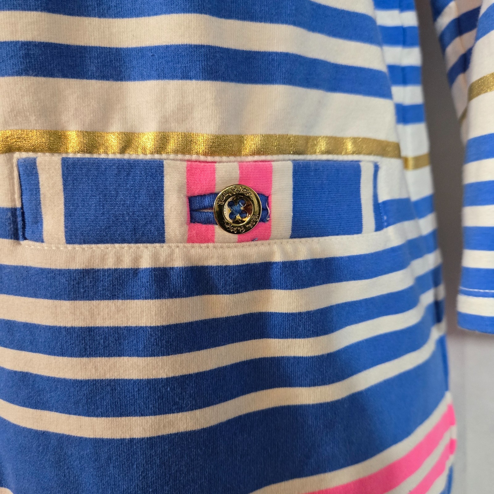 LILLY PULITZER Lena Shift Dress Lapis Blue Pink Gold Tiki Stripe Resortwear MED