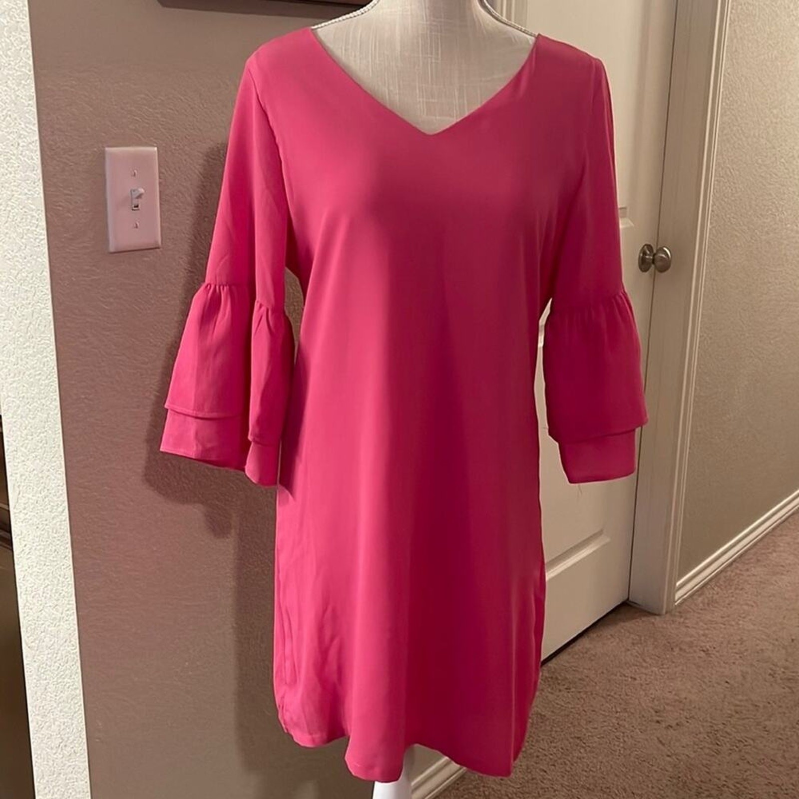 Belongsci Pink Women’s Dress Layered Bell Ruffle Sleeves Workwear Brunch Small