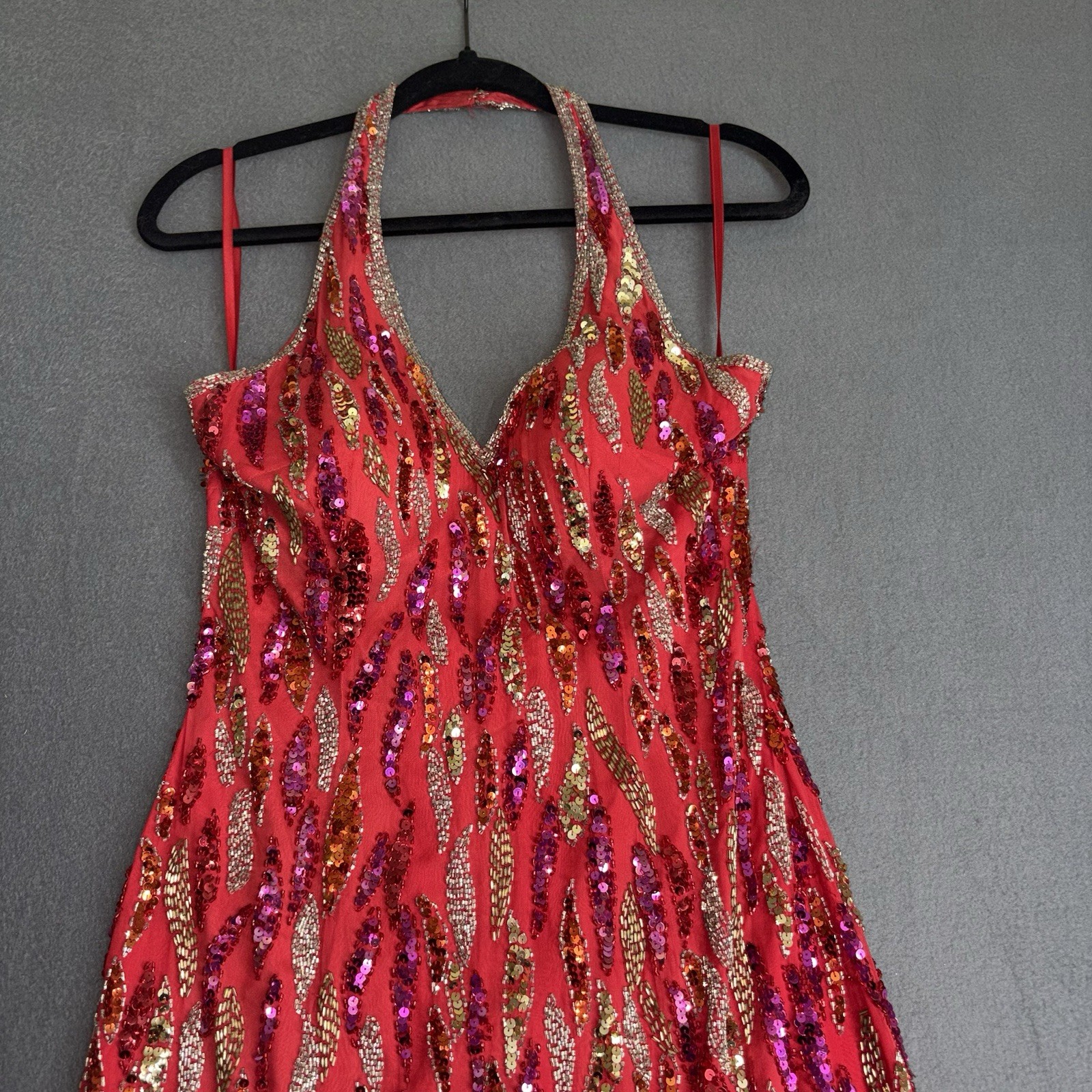 Niteline Red Beaded Sequin Fringe V-Neck Sheath Dress Size 8 Lined