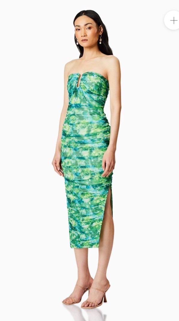 Elliatt Larkspur Strapless Green Ruched Midi Dress