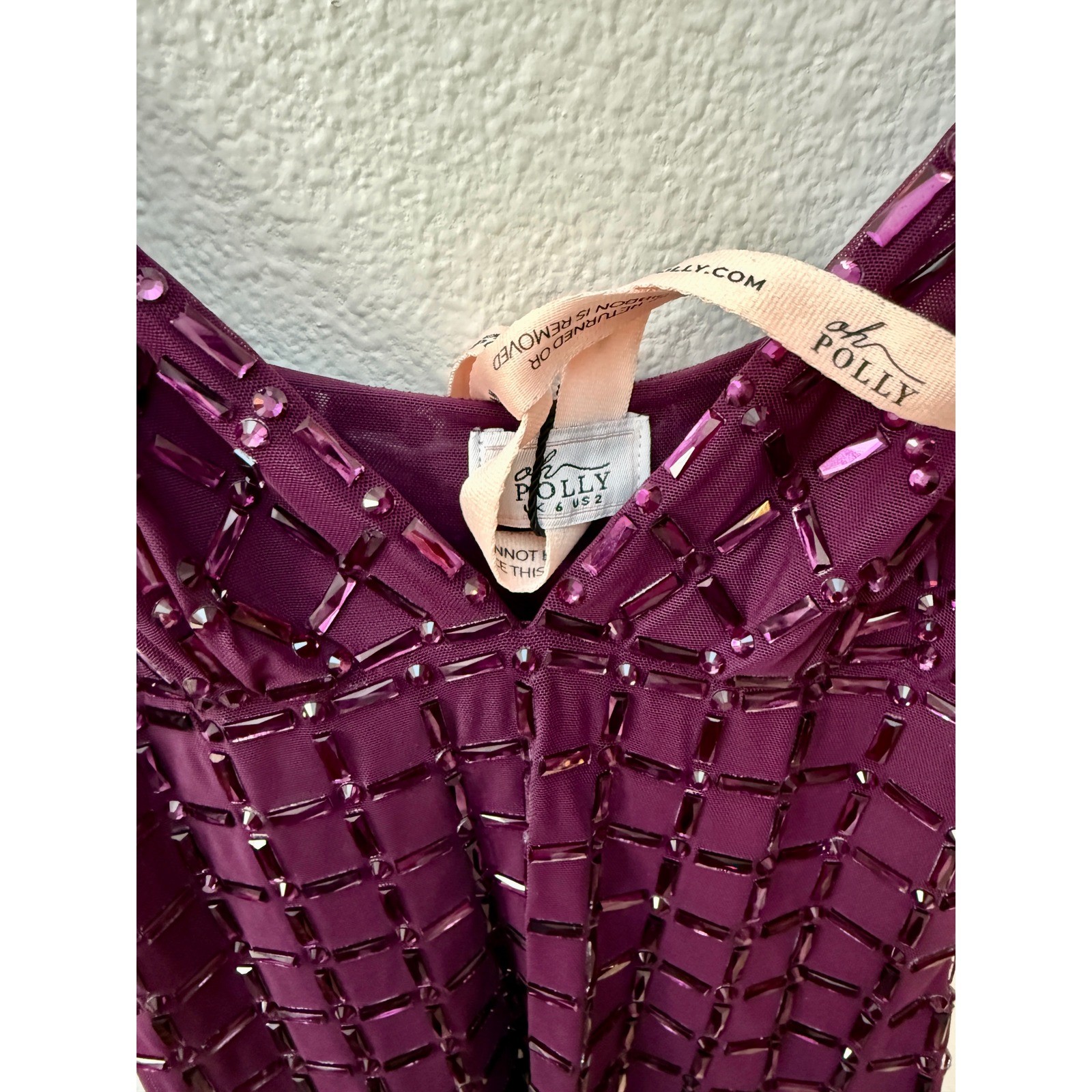Oh Polly Deep Purple Beaded Mesh Mini Dress V-Neck Bodycon Party US 2