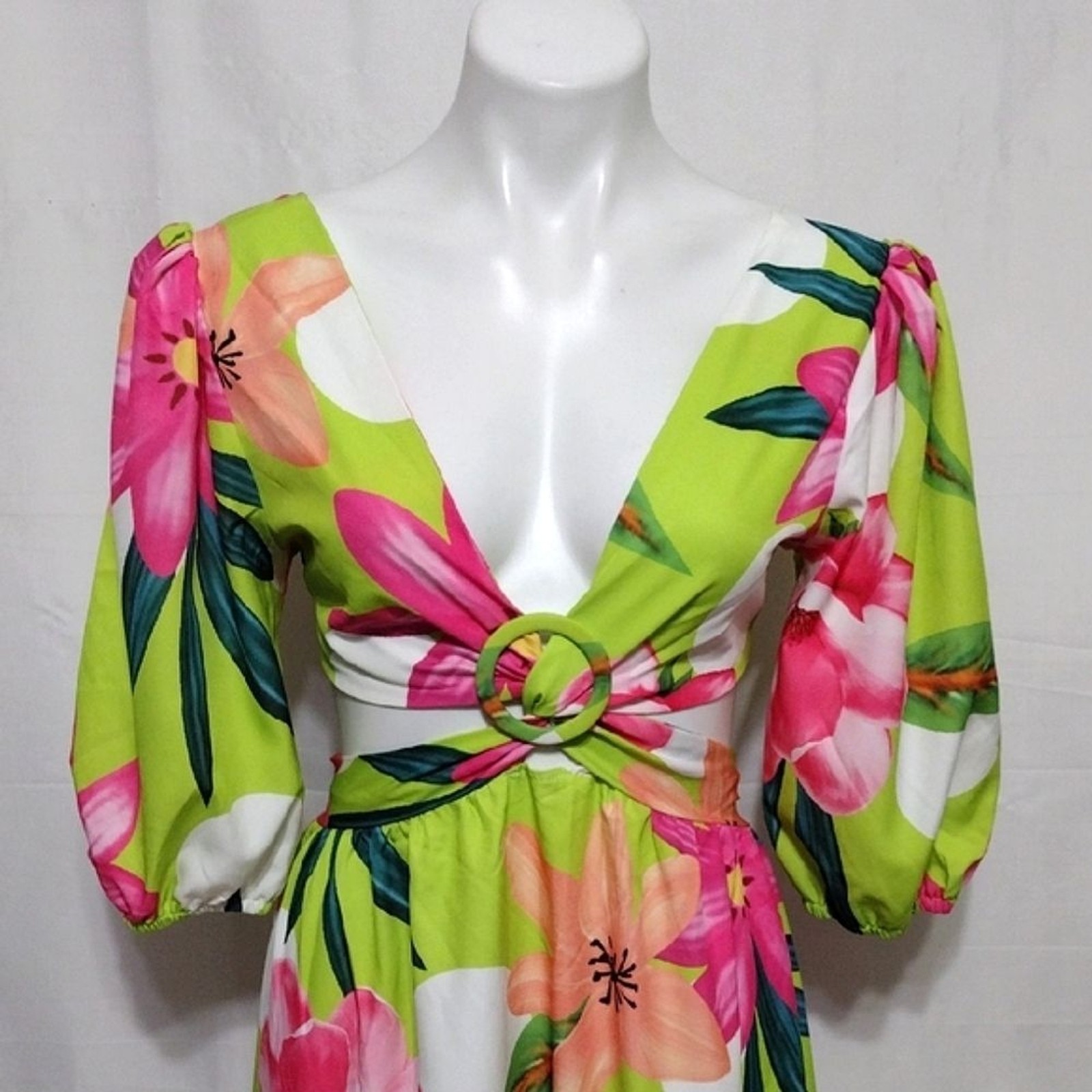 ChicMe Tropical Floral Maxi Dress Small Ring Front Cutout Open Back Double Slit