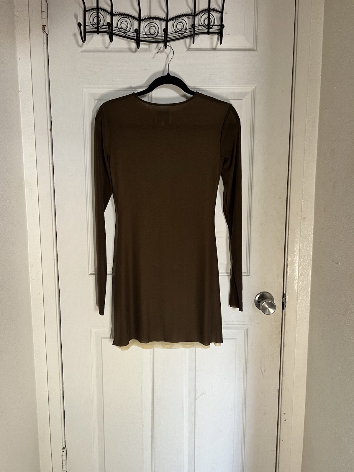 Reformation “Sienna” Brown Sheer Mesh Stretch Knit Mini Dress, Size Small