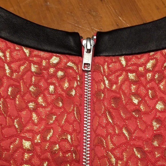 Melon Gold Metallic Leather Trim Jacquard Dress Concert Cocktail Contemporary