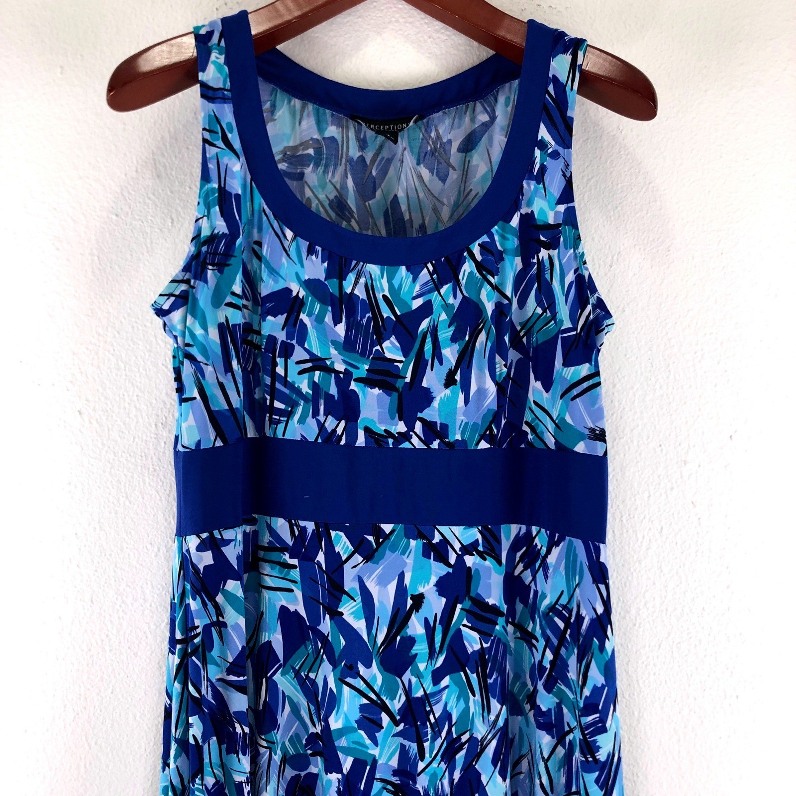 Perceptions New York Blue Abstract Brushstroke Sleeveless Midi Dress Womens 16