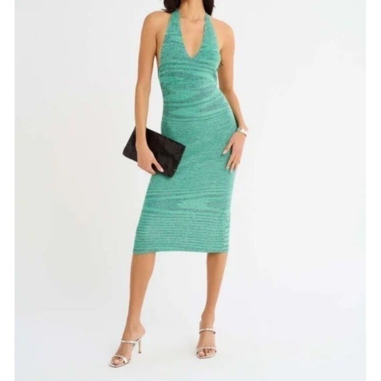 Rumored Green Halter Knit Bodycon Midi XS Dress Open Back Coastal Chic Cocktail
