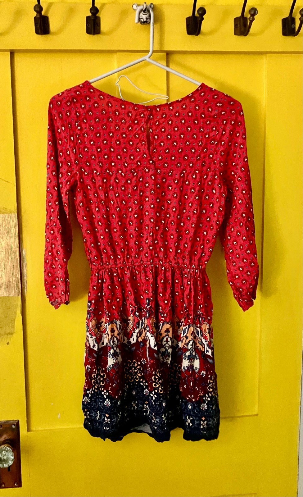 Hollister Rust Red Boho Border Print Dress Tassel Waist Long Sleeve Prairie S
