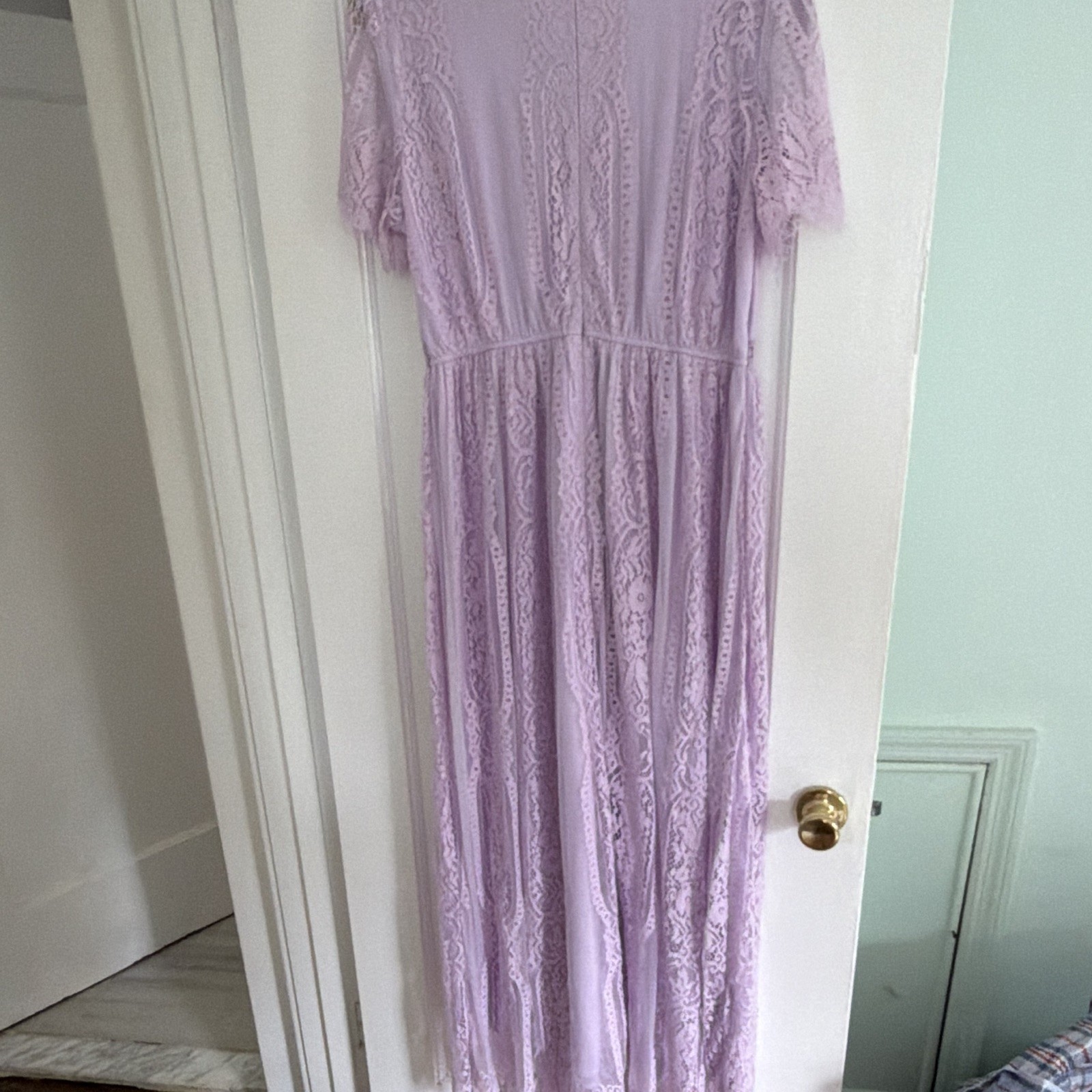 MEROKEETY Women’s Purple Solid Lace V-Neck Short Sleeve Maxi long Dress Zip XL
