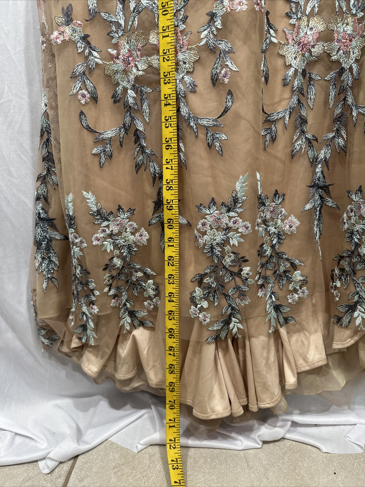 NWT $798 Mac Duggal [ 14 ] Floral Embroidered Long Sleeve Trumpet Gown Nude Q624