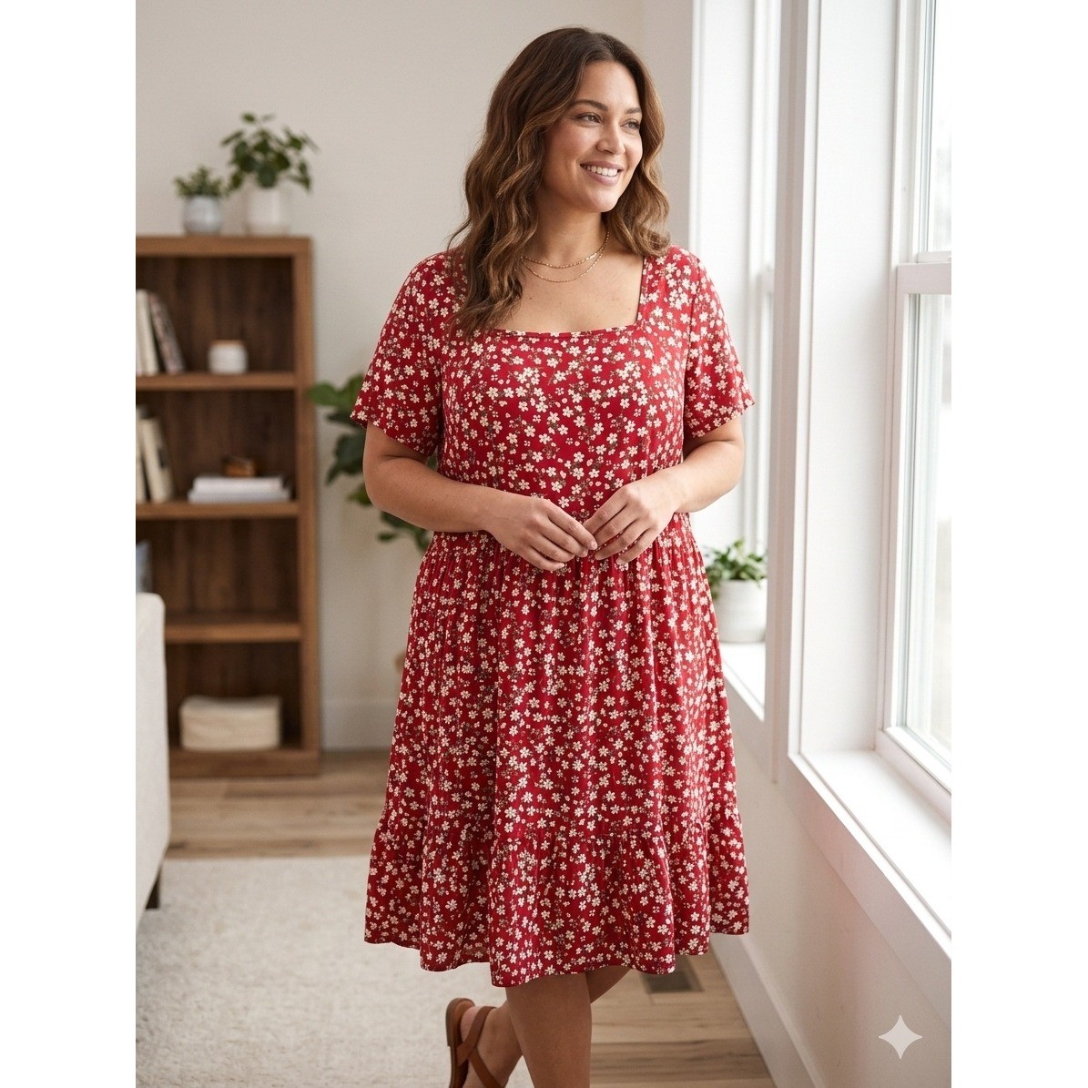 Auselily Red Floral Square Neck Babydoll Mini Dress Short Sleeve 2XL New