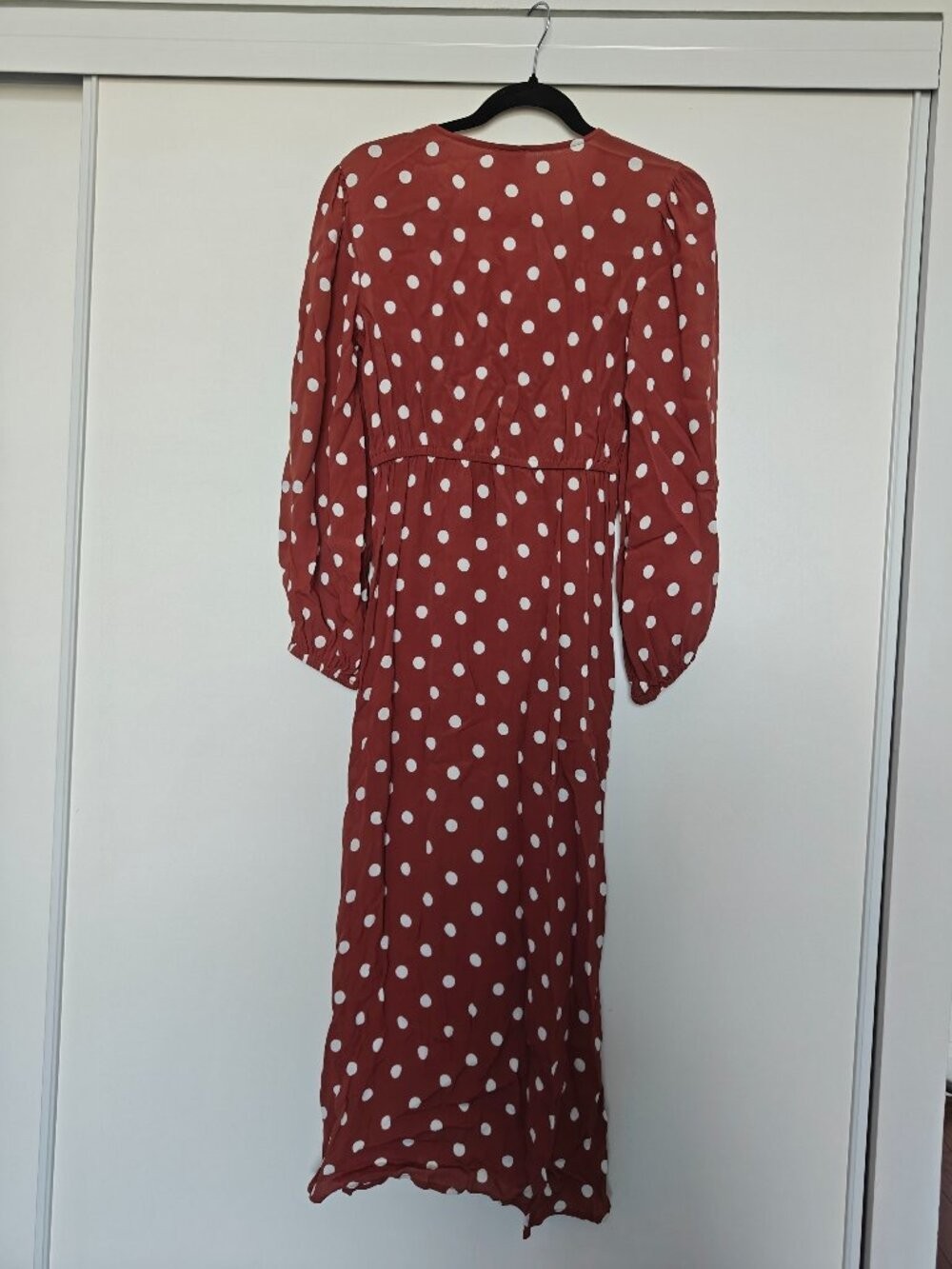 River Island Rust Brown Polka Dot Ruched Midi Dress Puff Sleeve UK 8 US 4 0722