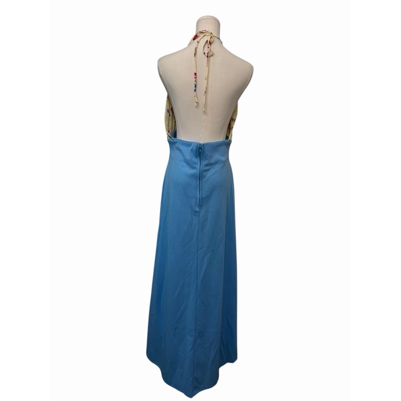 Vintage Halter Maxi Dress Jacket Set Blue Floral Formal Size 13 MCM 70s