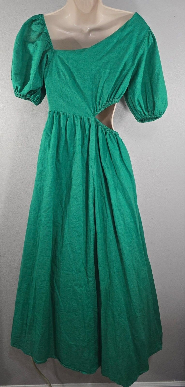 All About May Maxi Dress Size 4 Green Linen Blend Side cut out Milkmaid boho BZ