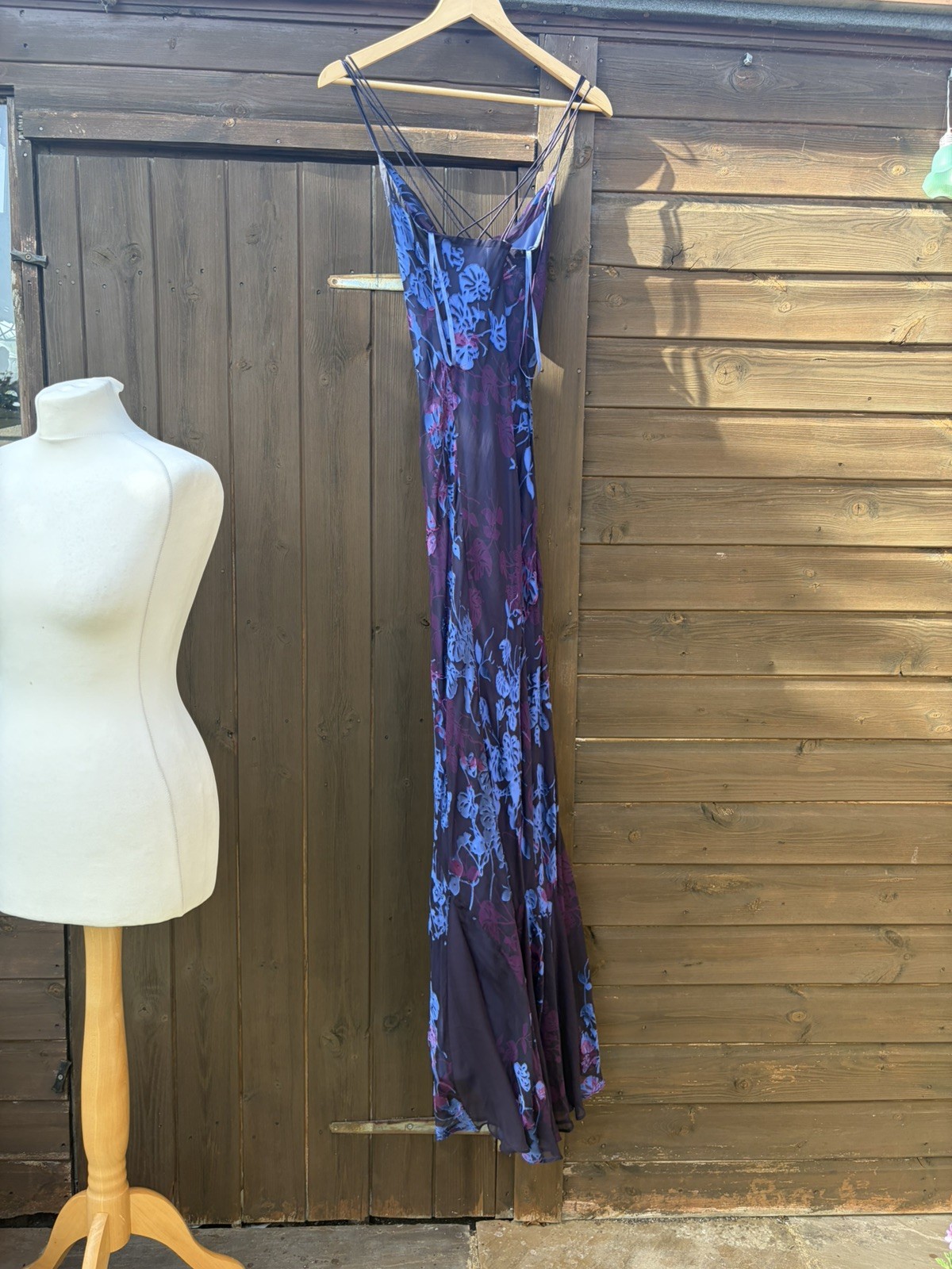 Y2k Monsoon purple blue silk devore cowl neck maxi evening wedding dress size 12