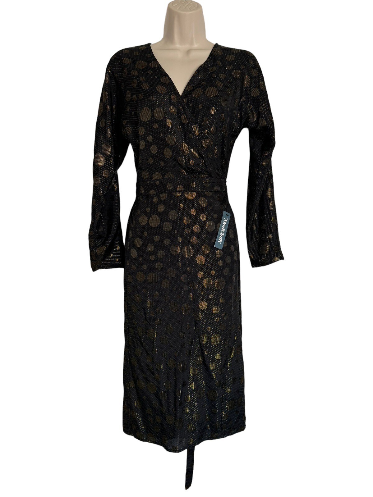 New Modcloth Golden Record Party Wrap Dress Womens Size small belted black gold