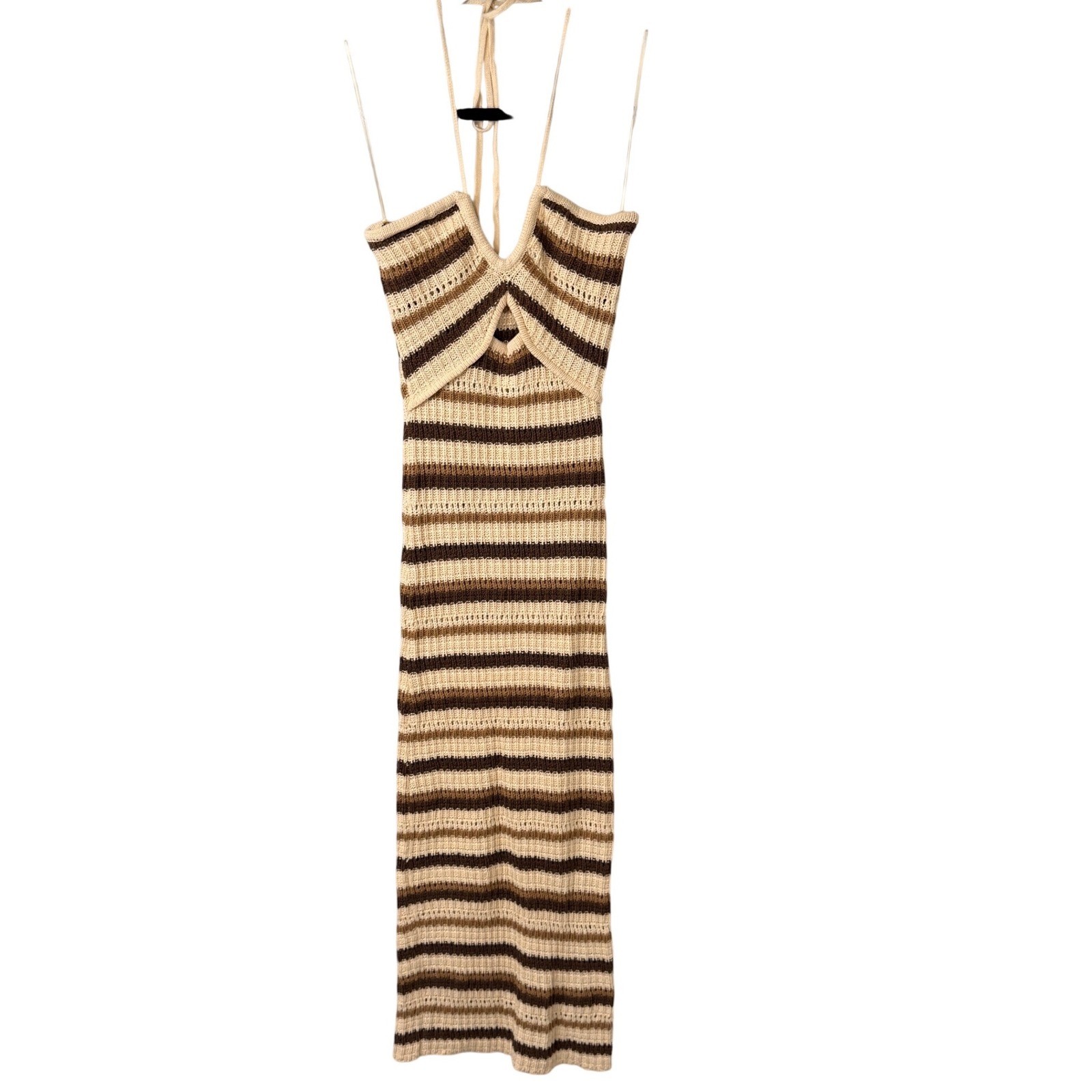 Et Clet Striped Crochet Knit Halter Neck Midi Dress Brown Beige Beach Coastal S