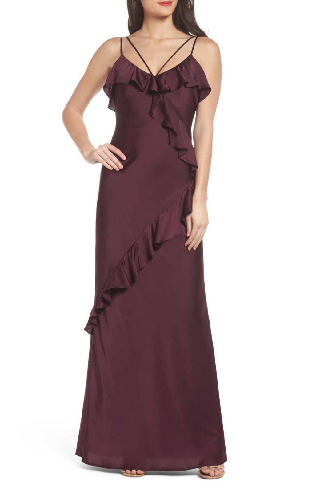 MARIA BIANCA NERO Wine Red Purple Ruffle Satin Strappy Sexy Maxi Gown Dress 2 XS
