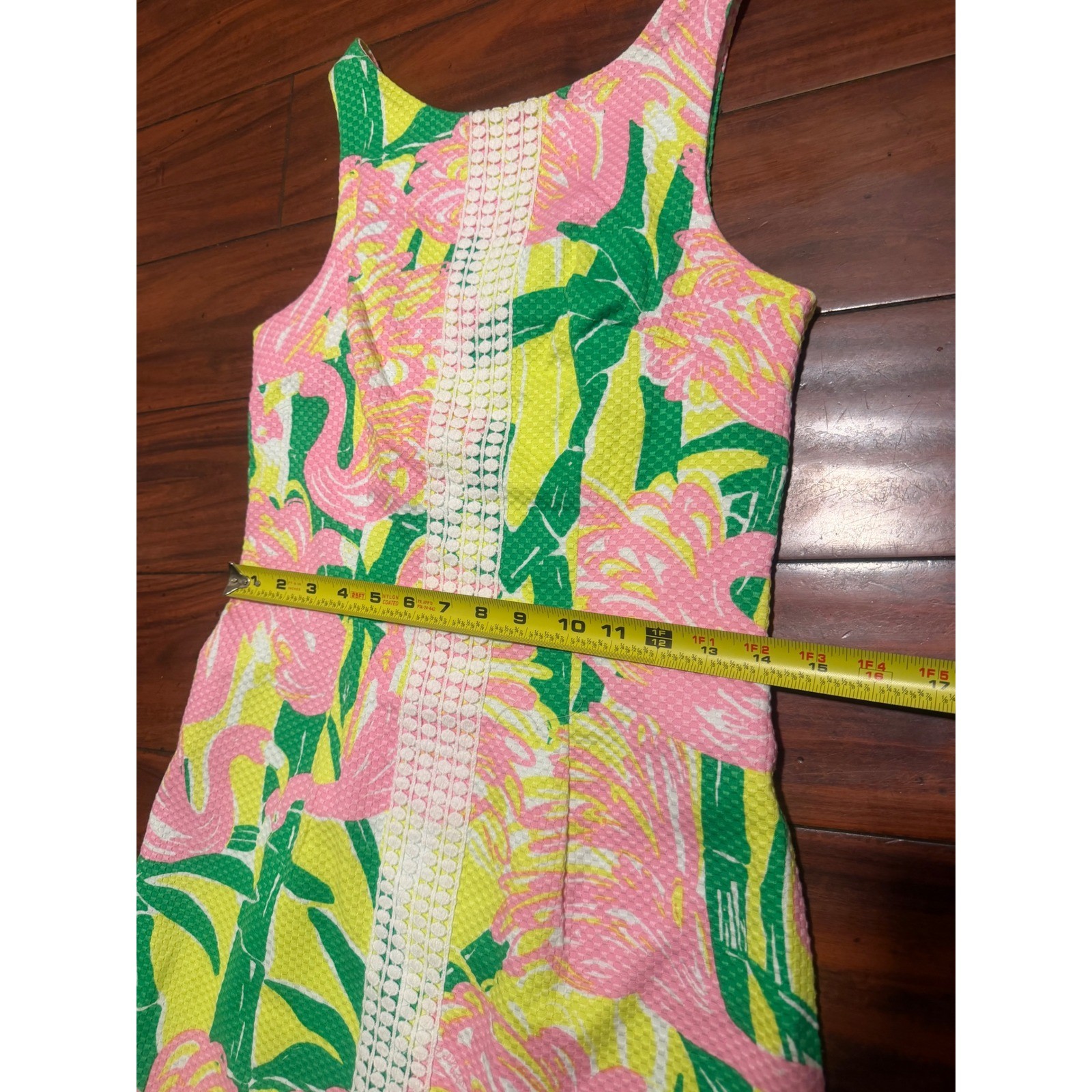 Lilly Pulitzer Flamingo Glee Shift Dress Pink Yellow Green Bamboo Lace Trim 33in