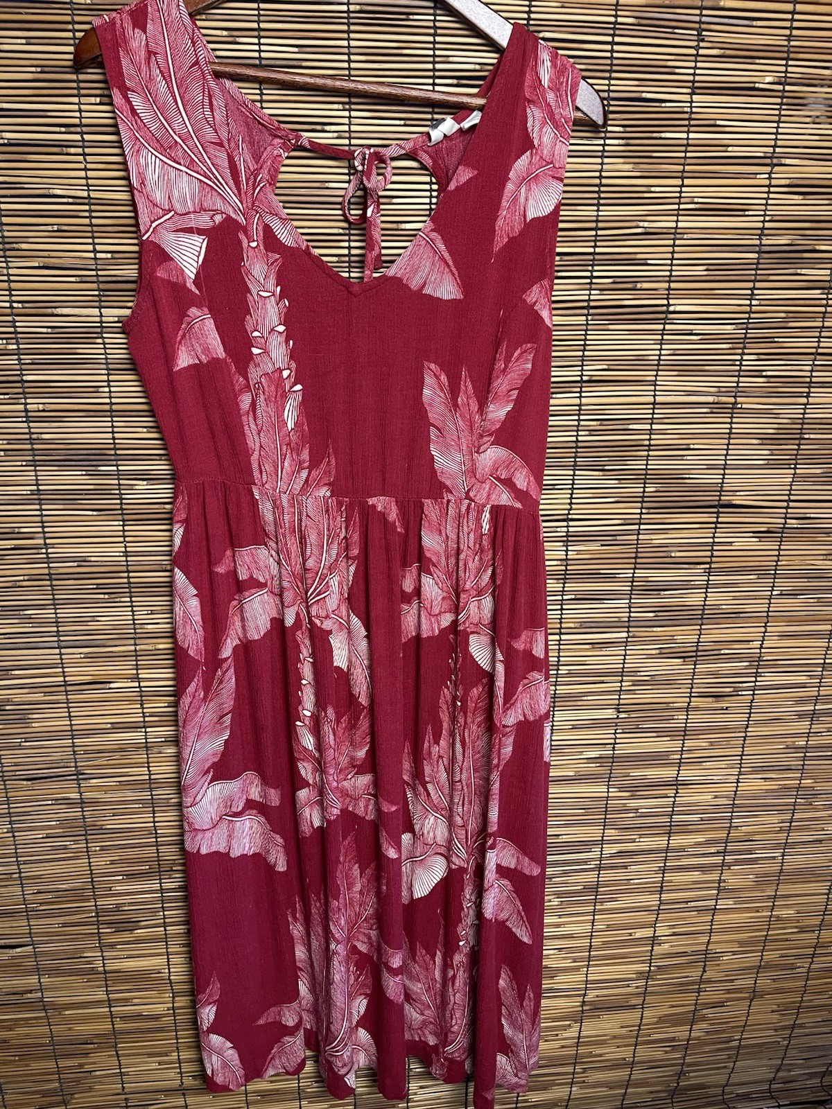 Roxy Tropical Palm Leaf Open Tie Back Maxi Dress Red Cream Boho Vacation L Large