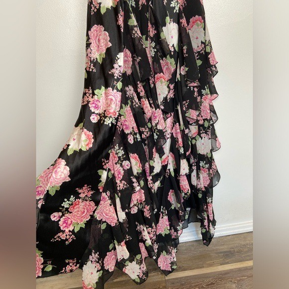 City Studio 90s Y2K Satin Chiffon Floral Maxi Dress Sz S Fairy Ruffle Cowl Neck