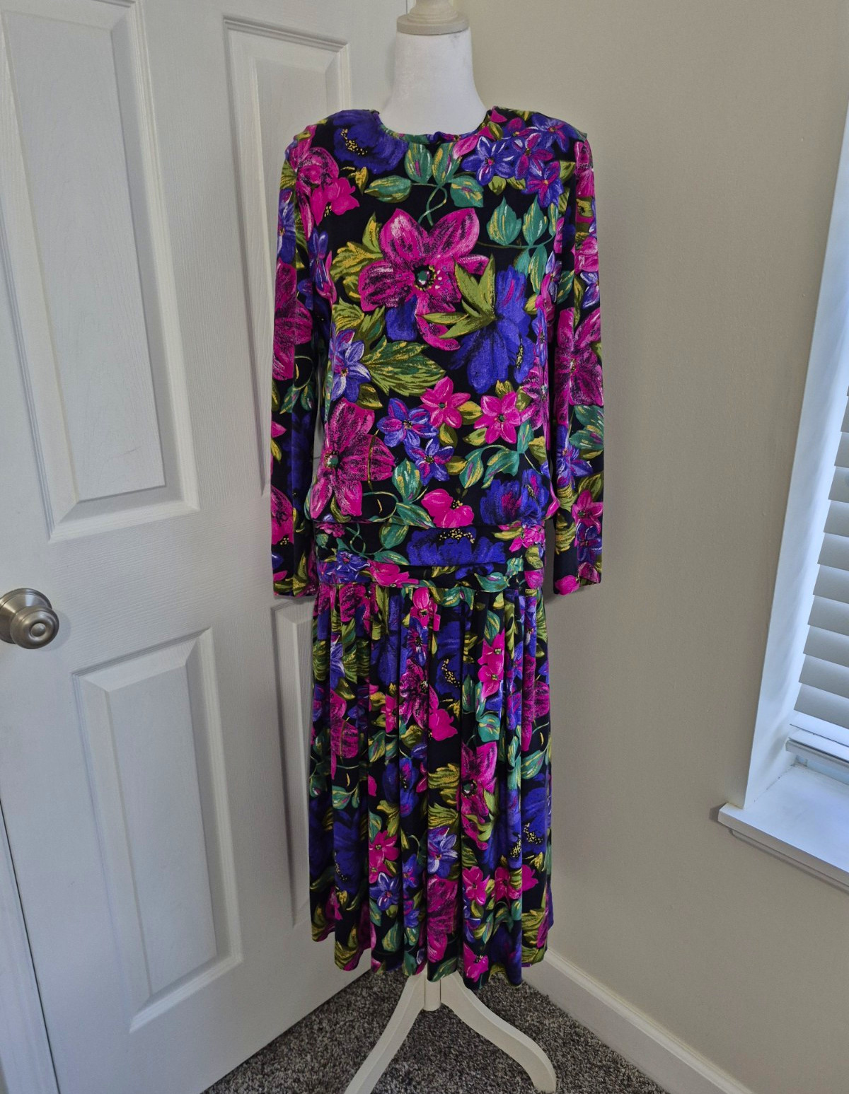 JLT Just Like That Womens Floral Long Sleeve Crew Neck Button 80s Vintage – L