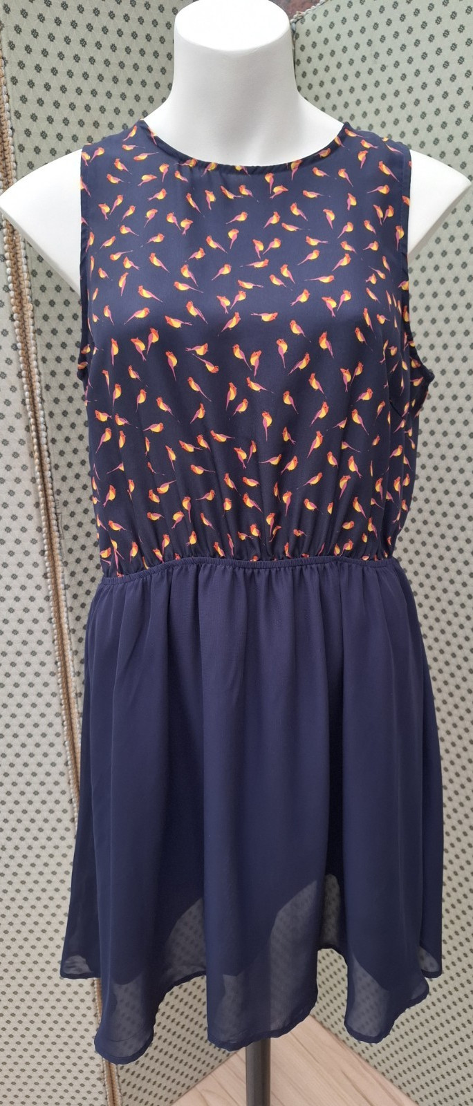 Size Small (UK 8/10/12) Navy Chiffon Bird Print Fit & Flare Dress Floaty VGC