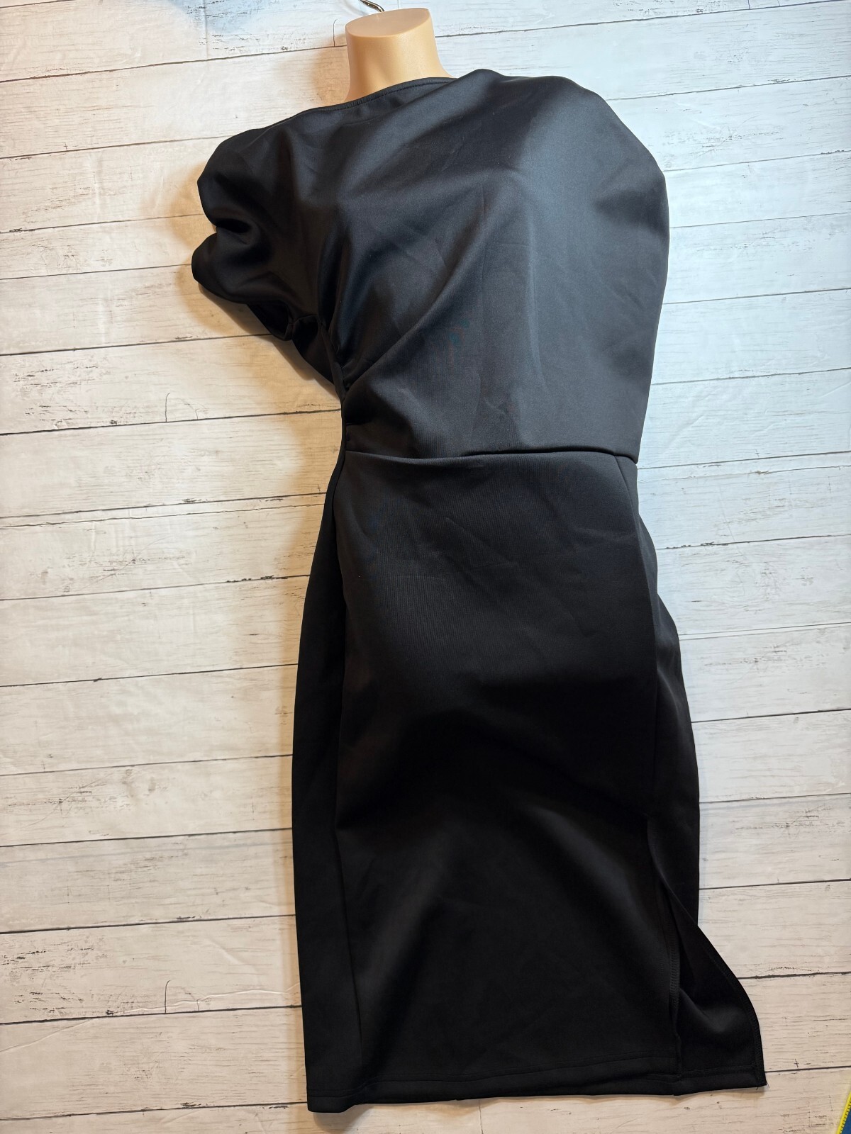 Unbranded Womens Deep Black Ruched Asymmetric Neck Slit Front Shift Dress Size L