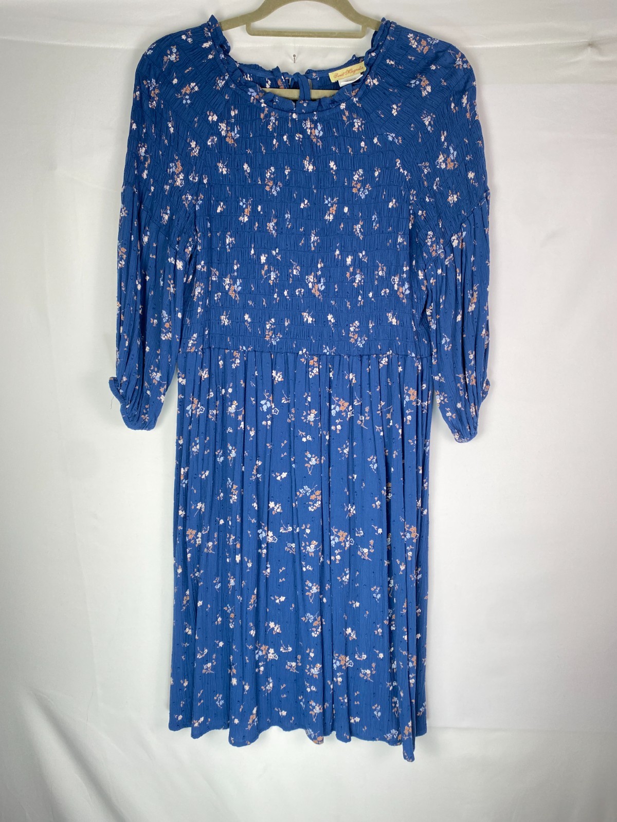 Sweet Magnolia Blue Floral Milkmaid Smocked Bell Sleeve Dress Sz M Prairie Twee