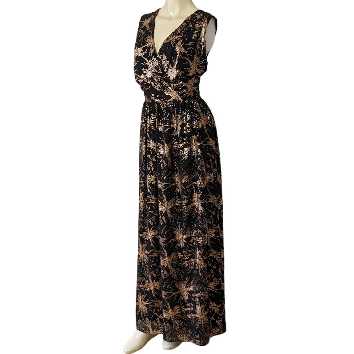 MAIA sleeveless V neck black and rose gold abstract splash print Maxi dress 10