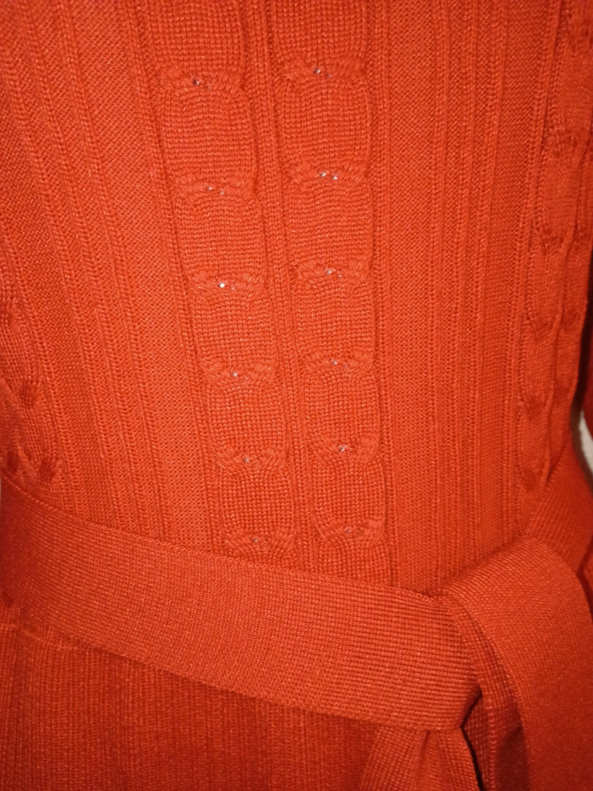 Women’s Red Solid Knit Sweater Dress Round Neck Puff Sleeve Belted Midi 3