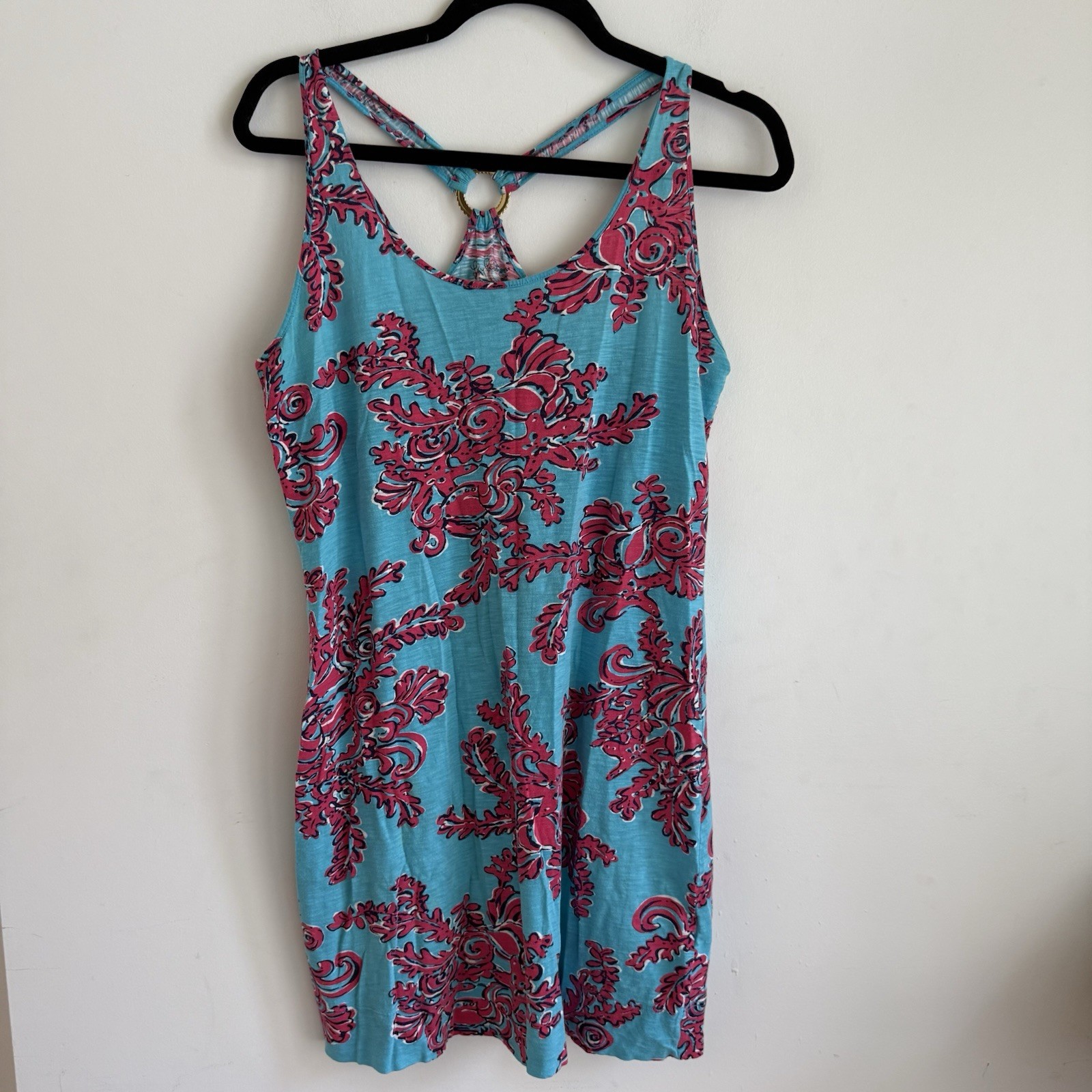 LILLY PULITZER Medium Shore Searulean Blue Red Racer Back Tank Boho Cruise Dress
