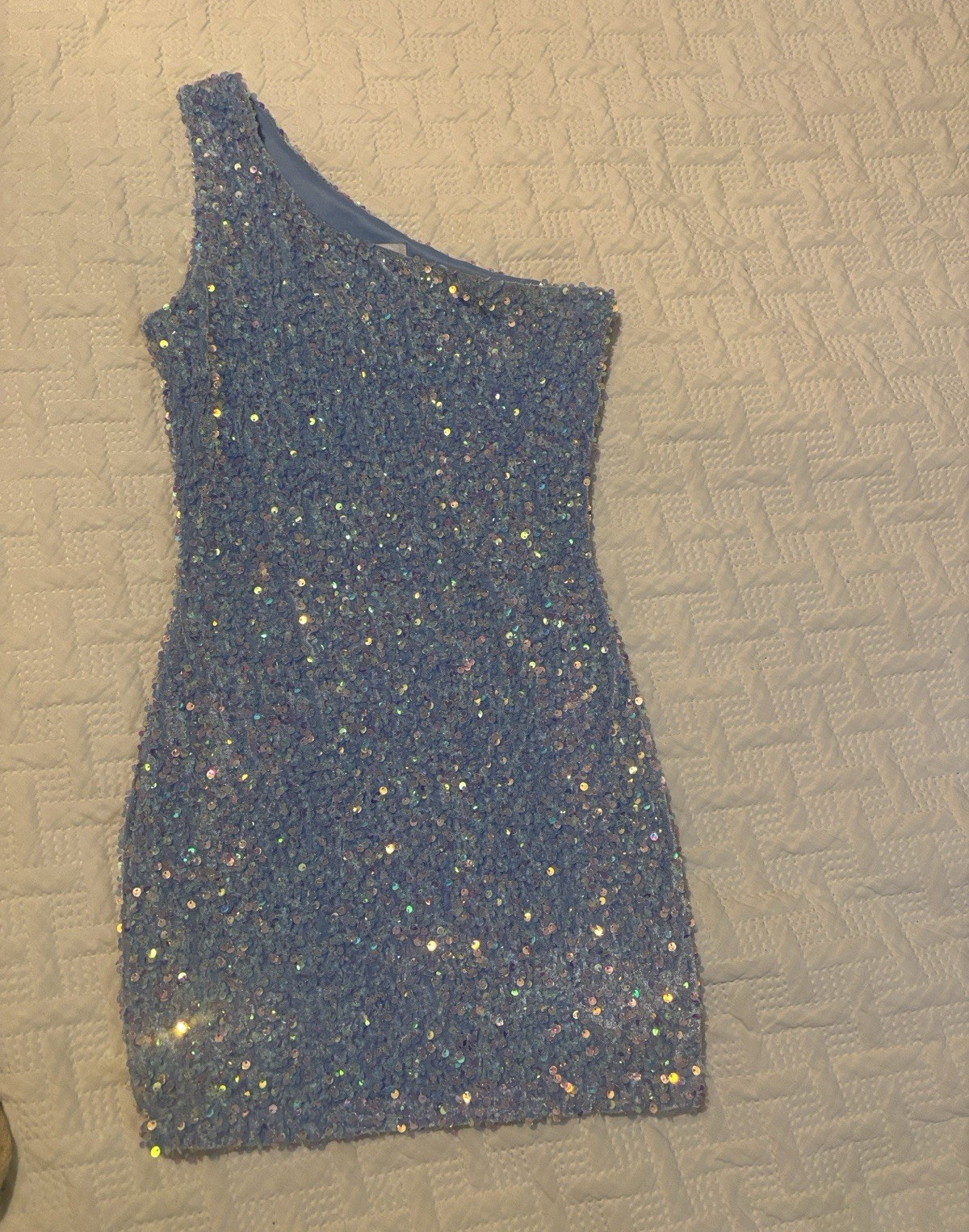 VELVY Women’s XS Blue One Shoulder Sequin Lined Zip Bodycon Mini Dress