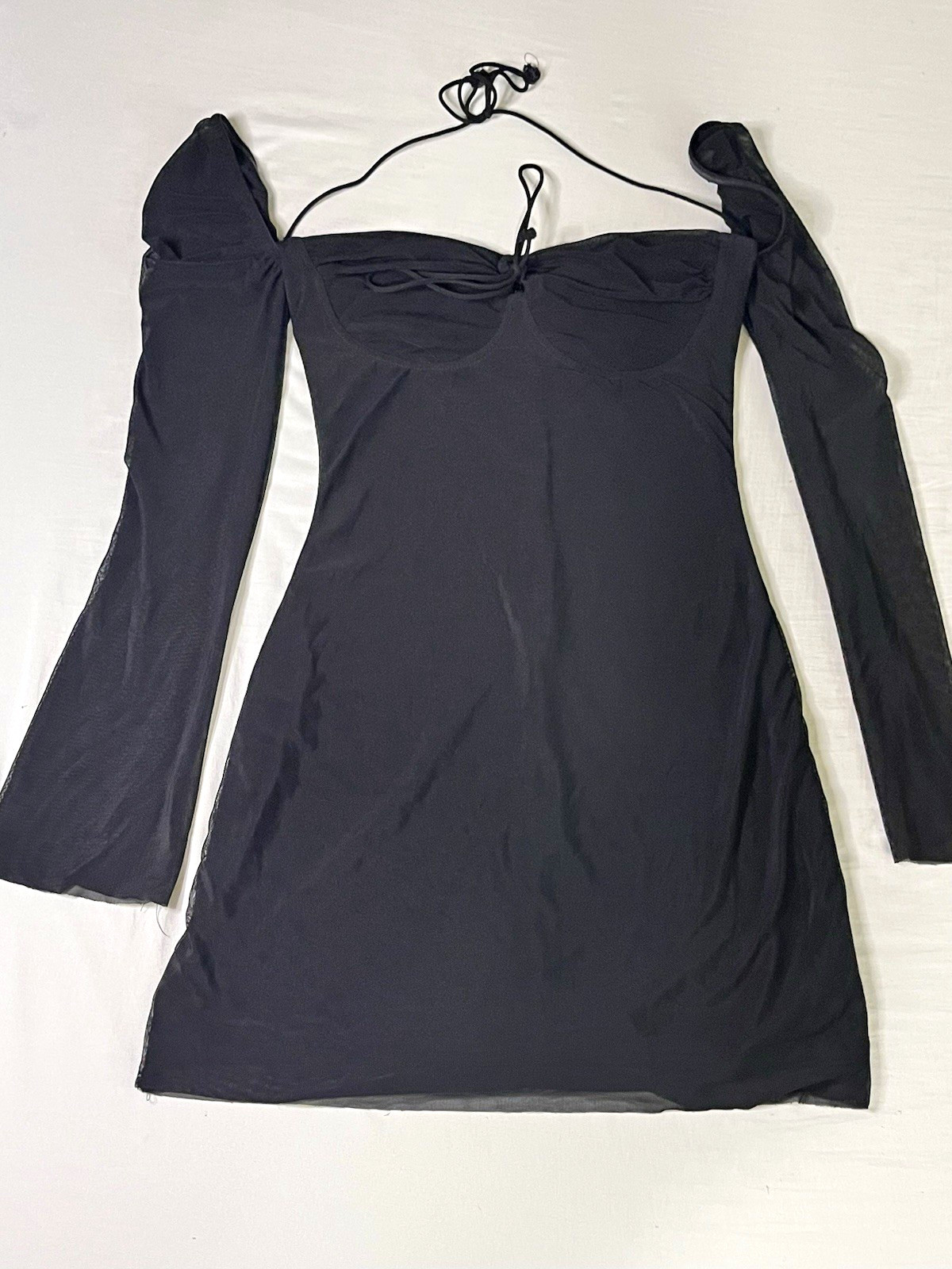 Women’s Black Sweetheart Mesh Ruched Bodycon Mini Dress M Long Sleeve Stretch