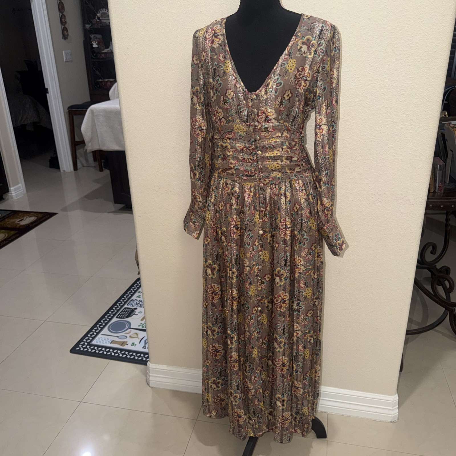 RAGA Anahita Romantic Boho Floral Metallic Lurex Button Maxi Dress Size S NWT