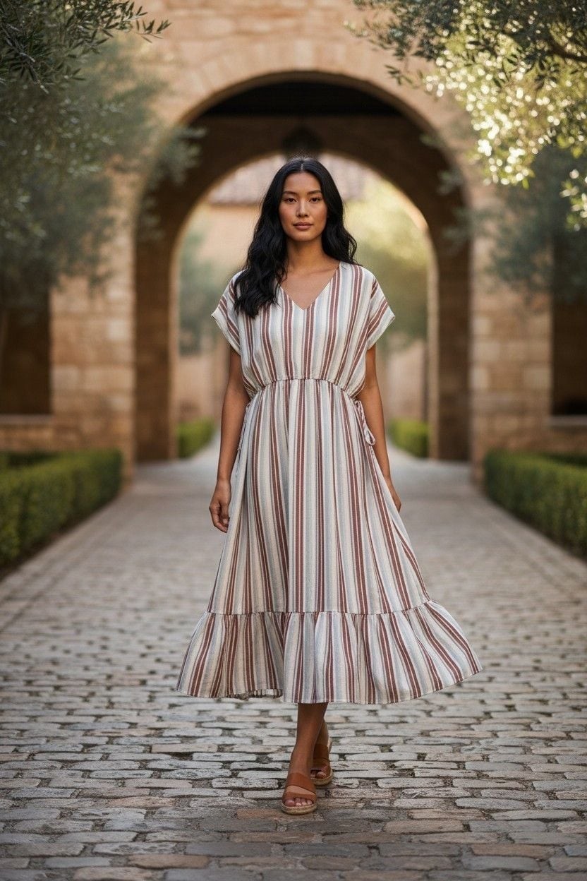 Charming Charlie Striped V-Neck Midi Dress with Side Ties