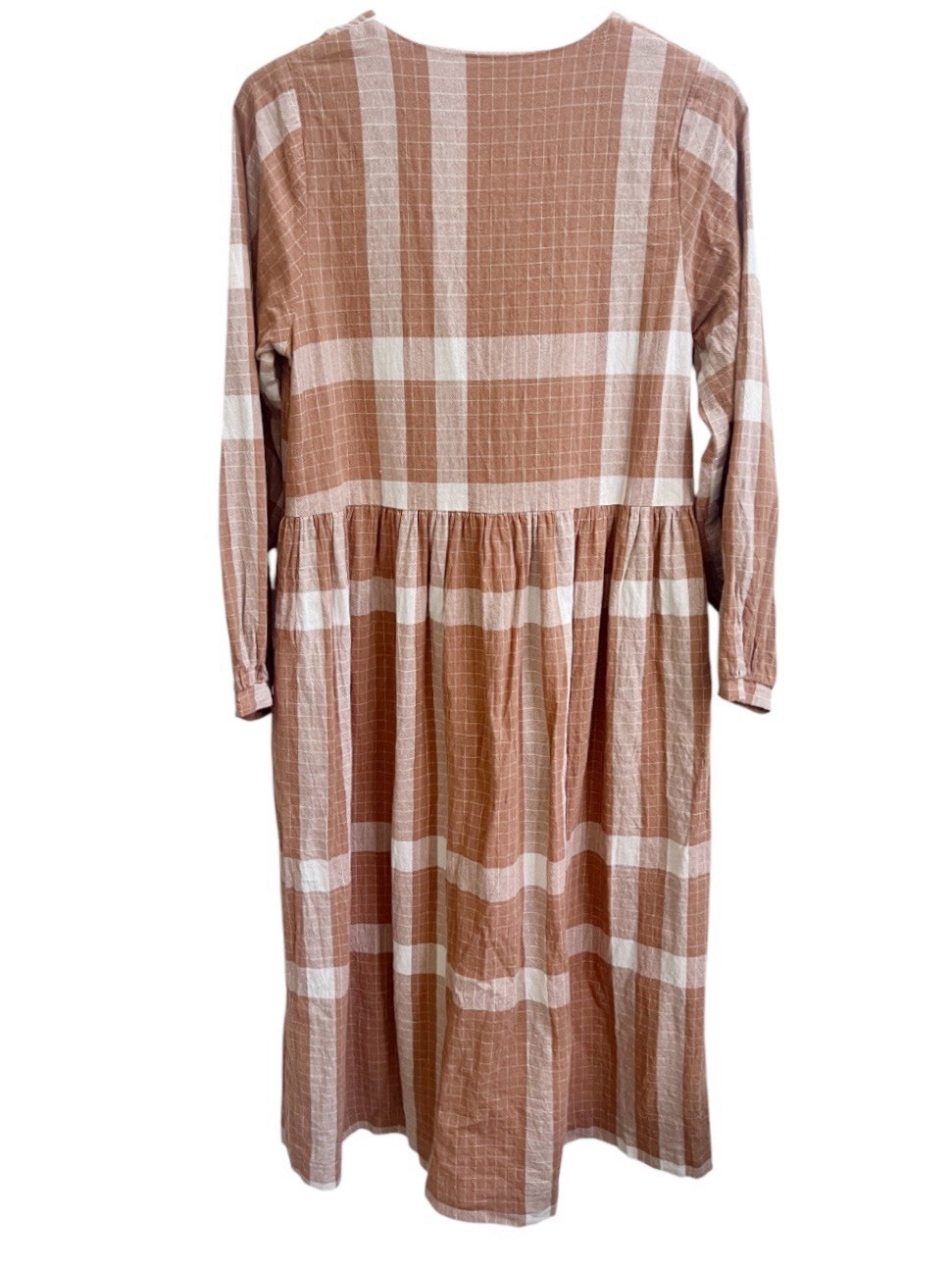 Grade & Gather Overfit Plaid Button Down Midi Dress V Neck Long Slv Prairie Sz S