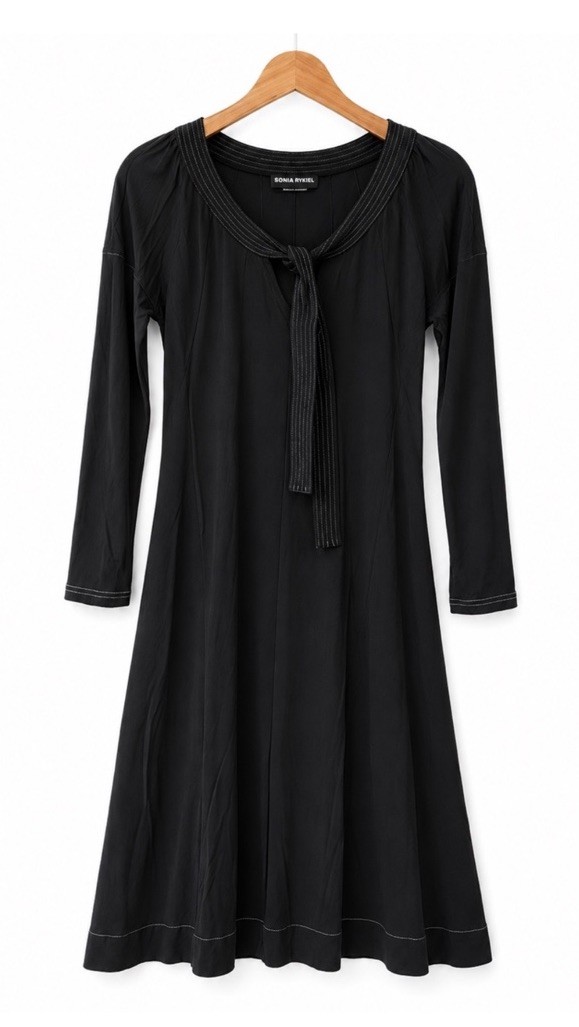 Vintage Sonia Rykiel Mainline Knit Midi Tie Neck Dress XS Black Paris