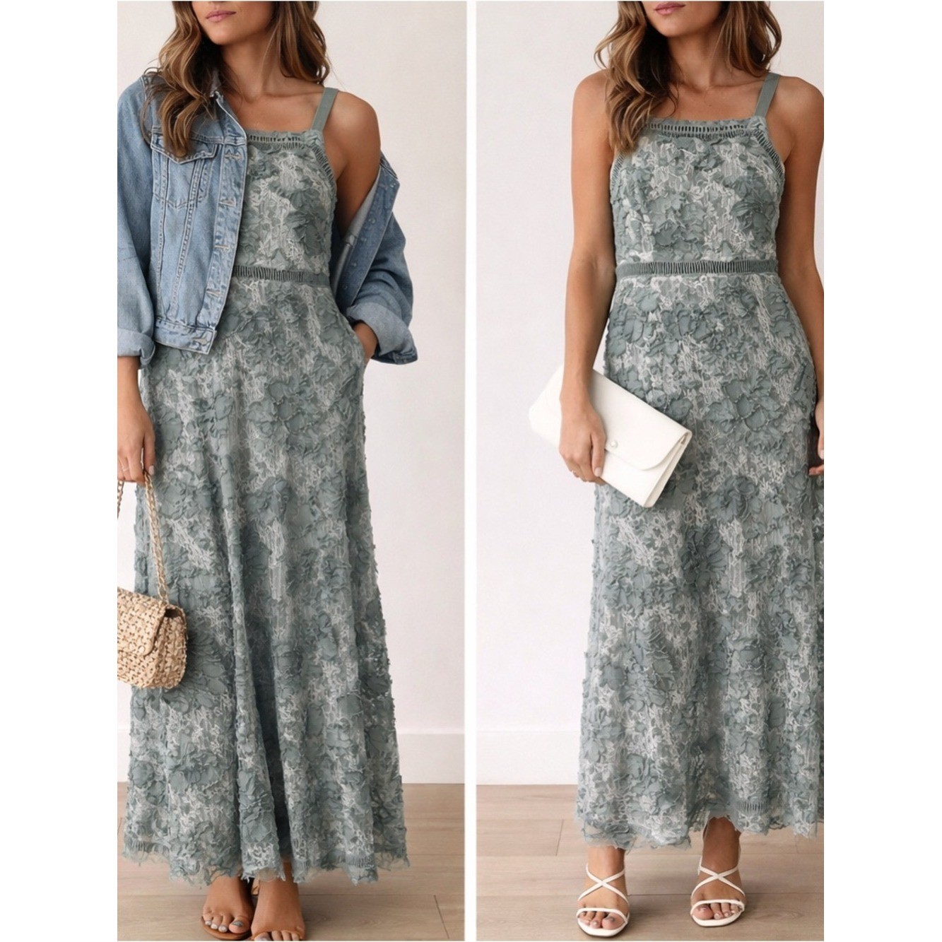 Free People Dusty Sage Floral Lace Maxi Dress Size 4