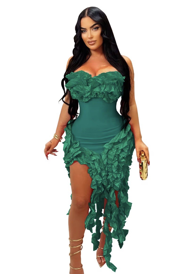 Strapless Ruffle Hi-Low Bodycon Asymmetric Dress Multicolor Party Sleeveless