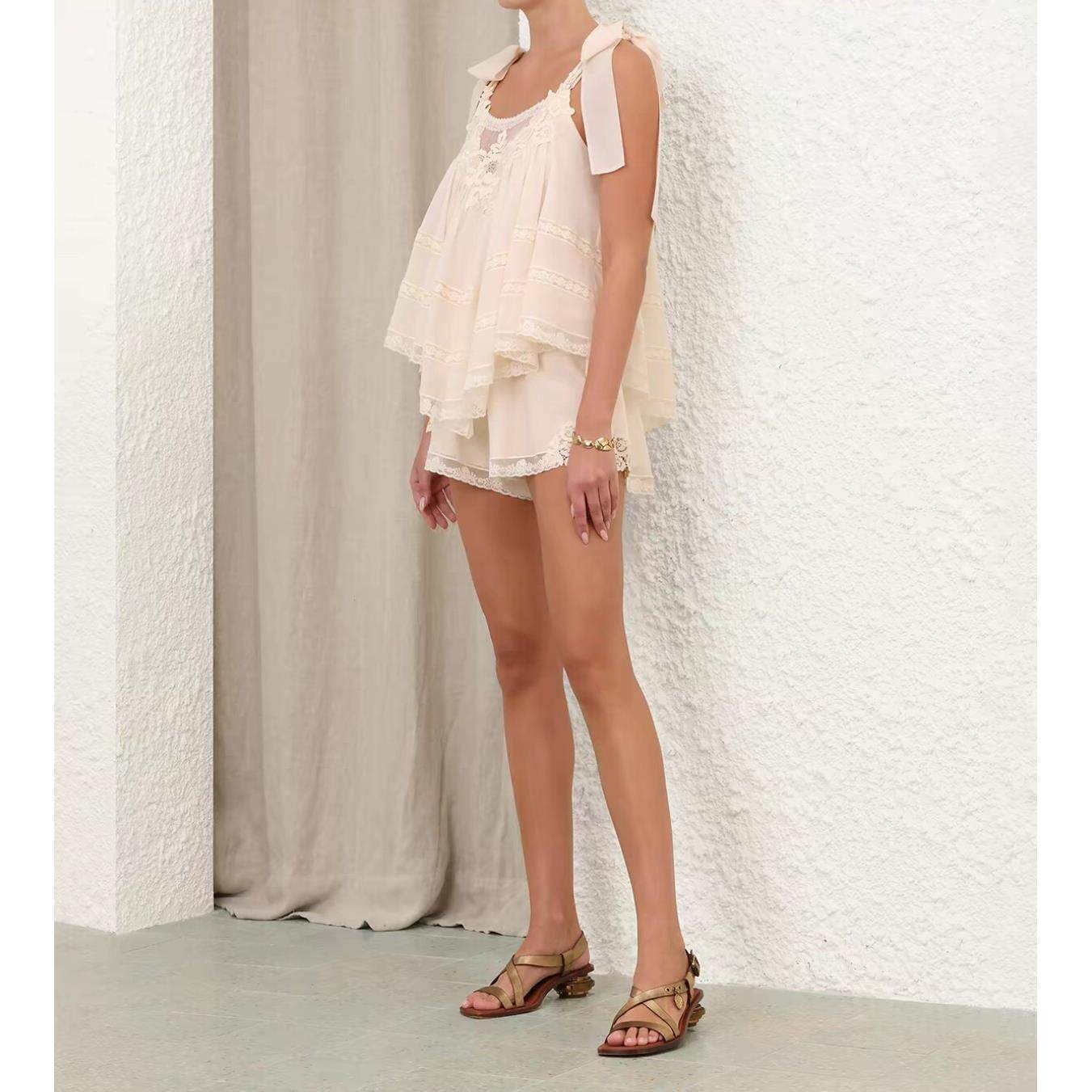 NWT Zimmermann Cream Lace Patchwork Cami Top Shorts Set Women