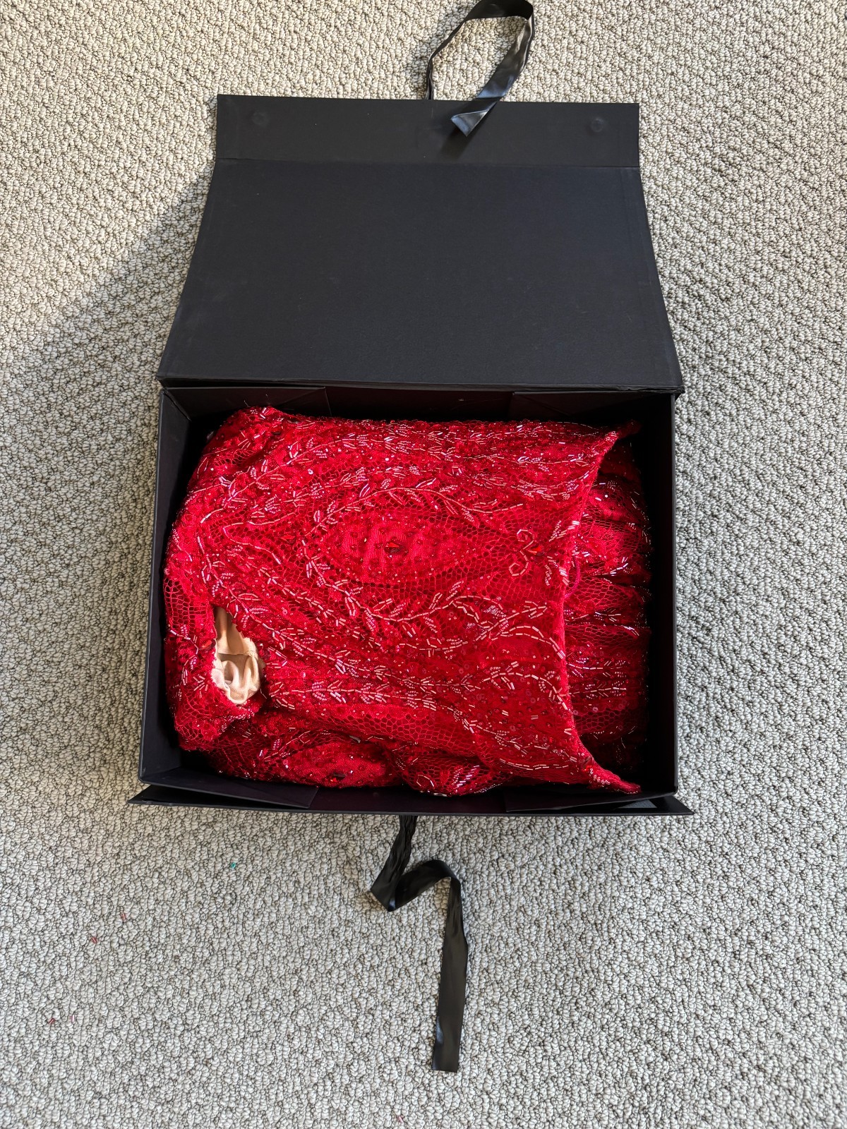 H A N A Custom Made High End Red Sequin Strapless Corset Gown Front Side Slit