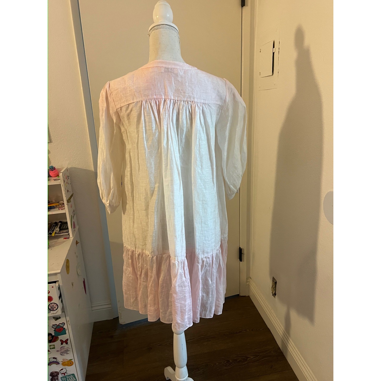 Sandro Pink Dip Dye Ombre Babydoll Mini Dress Ruffle Hem 3/4 Sleeve V-Neck