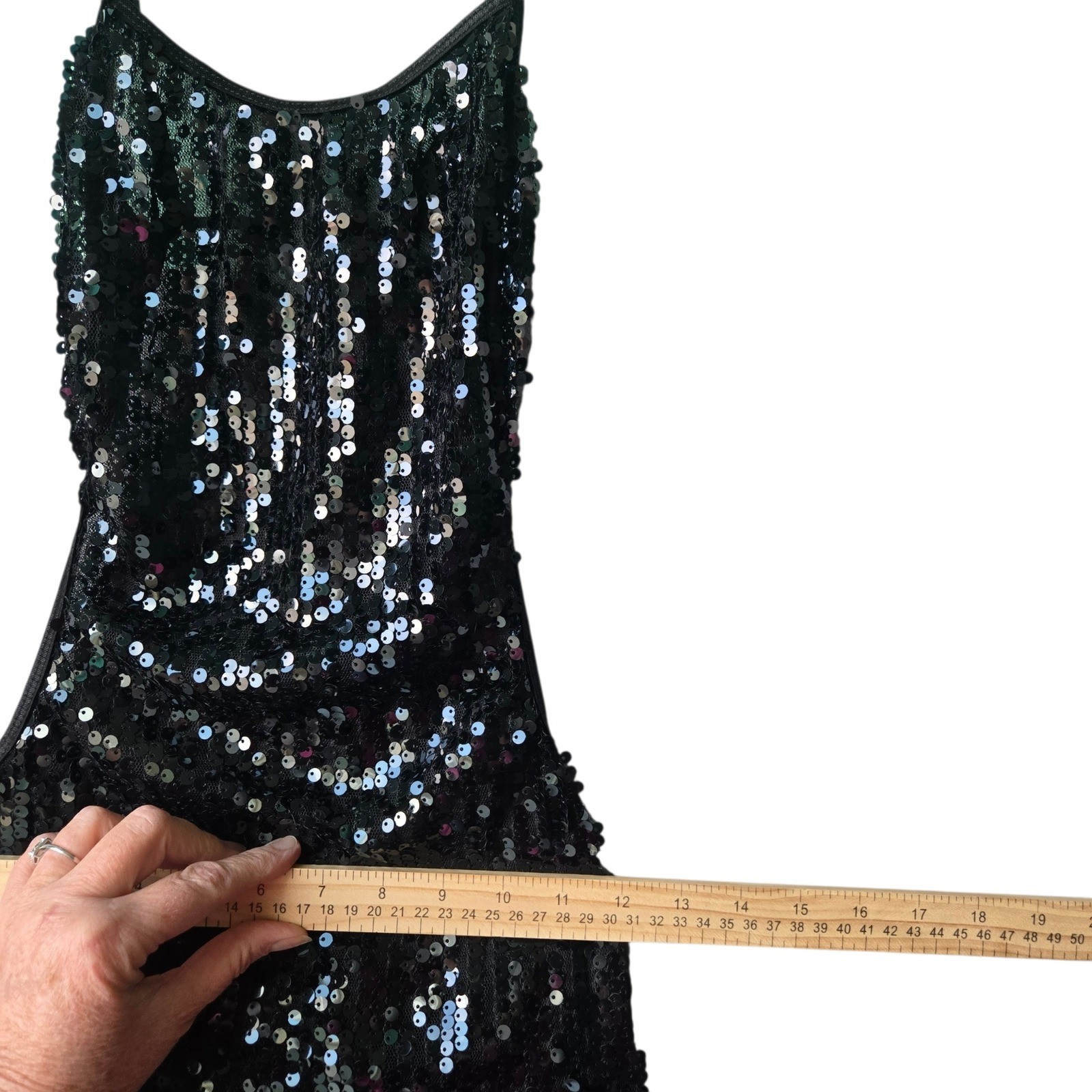 Black Sequin Latex Spaghetti Strap Maxi Gown Sexy Costume Dress Goth Party XS