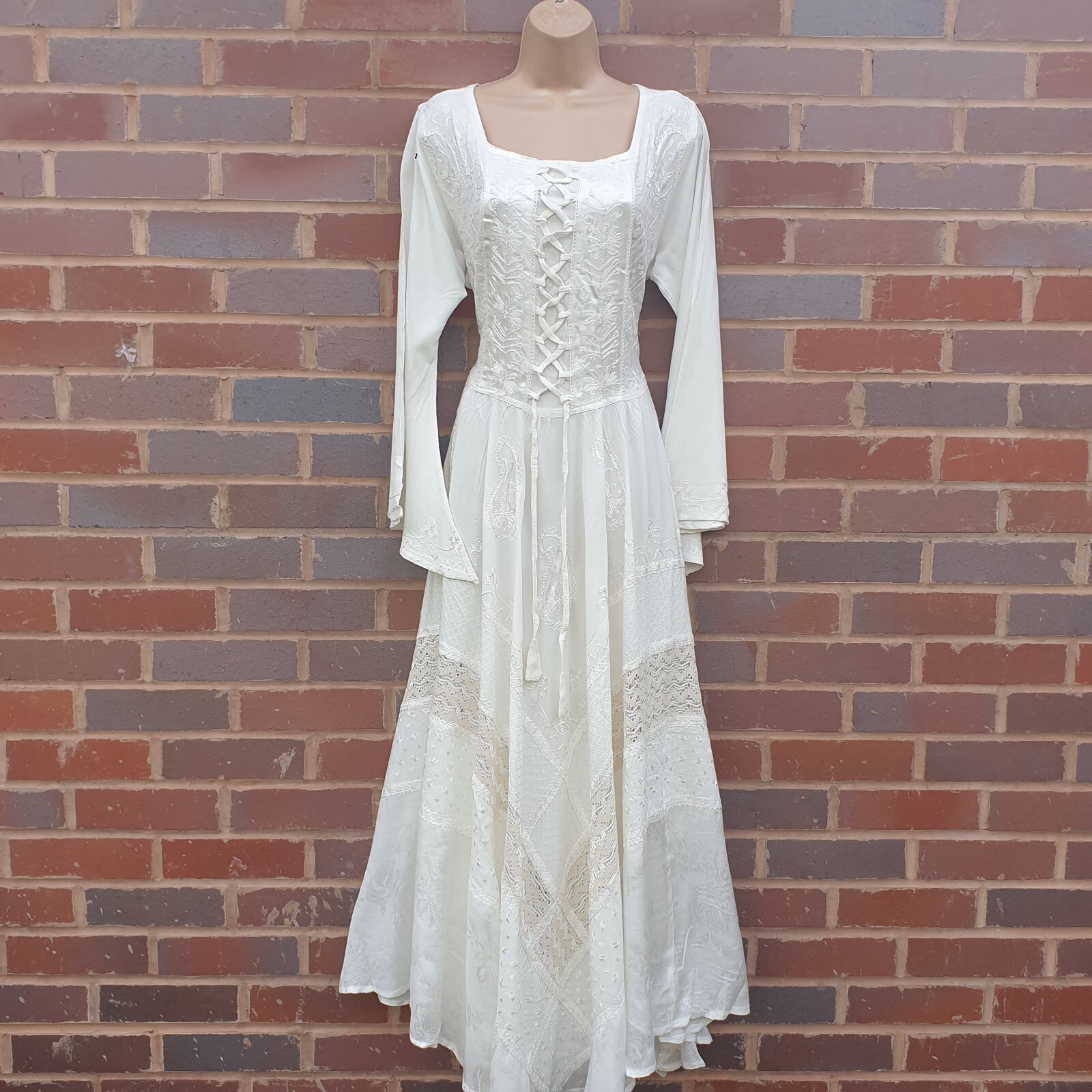 Maxi Dress Ivory Bell Sleeve Victorian Fit Flare Corset Formal One Size 18 20 22