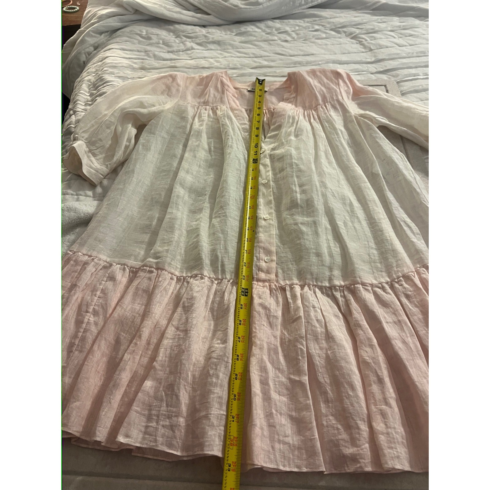 Sandro Pink Dip Dye Ombre Babydoll Mini Dress Ruffle Hem 3/4 Sleeve V-Neck