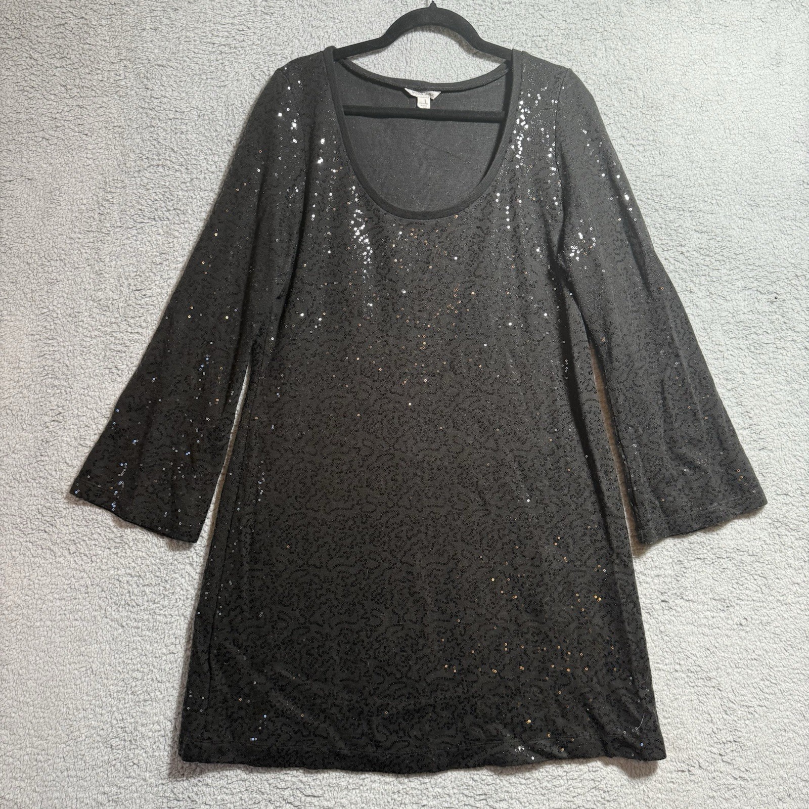 Boston Proper Black Sequin Dress XL Long Bell Sleeves Cocktail Shift Stretch